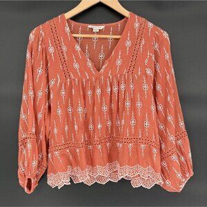 American Eagle Women's Eyelet Peasant Blouse XS Burnt Orange Boho Top Bohemian